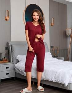 Conjunto de pijama de Modal de talla grande para mujer, ropa de dormir sin mangas con cuello en V, ropa de dormir corta con ribete de encaje, ropa de dormir teñida lisa, cintura suave con cordón - Product Image 5