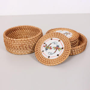 Luxury Dining Decor Rattan <b>Coasters</b> Top Selling Wicker <b>coaster</b> Set With Middle <b>Ceramic</b> Pad Custom logo - Product Image 1