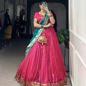 Traditional <b>Silk</b> Zari Weaving Work With Sequins and <b>Thread</b> Embroidery Lace Border Lehenga Choli, Wedding Wear Fancy Lehenga. - Product Image 1