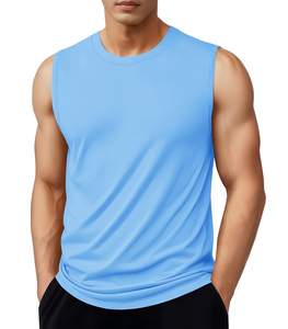Men's Blue Sleeveless Tank Top O-Neck Knitted Solid Color Quick Dry Sporty 4-Way <b>Stretch</b> Athletic Wear - Product Image 4
