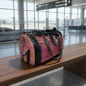 Striped Textile Luxury Duffel Bag with Black Leather Trim Zipper Closure Large Capacity Travel Weekender - Product Image 1