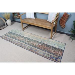 Alfombra Turca Vintage de 2.4x7.1 pies, Alfombra de Lana con Estampado Animal Azul Marrón - Product Image 1