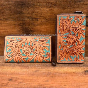 Elegante billetera turquesa para mujer con tallado a mano forro de cuero genuino lindo multiuso funda de teléfono embrague para damas - Product Image 4