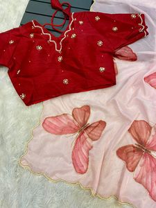 ชุดส่าหรีผ้าซาตินออแกนซ่าสำหรับผู้หญิงชุดปาร์ตี้แฟนซีแบบดั้งเดิมพร้อมเสื้อเบลาส์สำหรับผู้หญิงดีไซน์แบบหรูหรา - Product Image 3