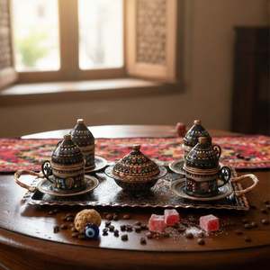 4-Person Rectangular <b>Cup</b> <b>Set</b> Oriental Design Style Copper Enamel Work From Erzincan - Product Image 2