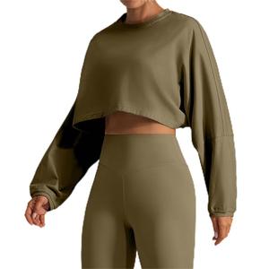 Women's Custom 100% Cotton Cropped Pullover Tops Long Sleeve Washed Sweatsuit Breathable Front Lined Anti-Wrinkle for - Product Image 3