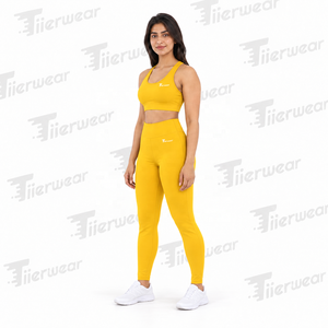 Ensemble de yoga pour femmes, soutien-gorge de sport en tricot extensible sans couture, leggings taille haute, ensemble de yoga jaune assorti en 2 pièces, col rond, longueur intégrale - Product Image 2