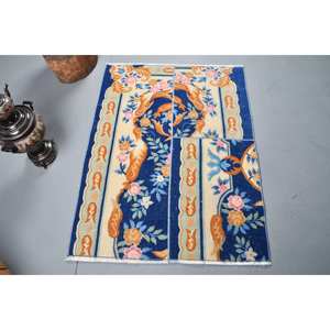 Tapis turc vintage bleu orange classique 3x4ft laine grande surface avec motif abstrait pour adolescents support en latex pour utilisation dans le couloir - Product Image 1