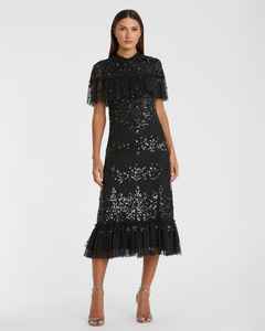 Elegante Vestido de Noche Recto con Estampado Floral, Mangas con Lentejuelas y Cuentas, Largo hasta la Rodilla, para Bodas y Fiestas, Color Personalizado, Tela de Chifón - Product Image 6