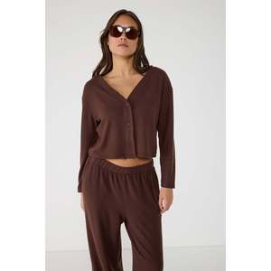 Brown V-Neck Button Detailed Soft Texture Crop <b>Cardigan</b> - Product Image 1