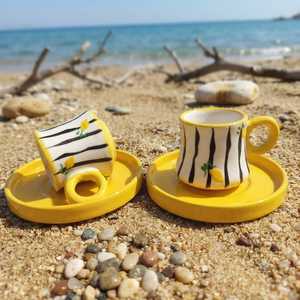 DOUBLE HAND-PAINTED CERAMIC TURKISH COFFEE <b>CUPS</b> <b>SET</b> with TRAY FRUIT PATTERN DISHWASHER SAFE - Product Image 1