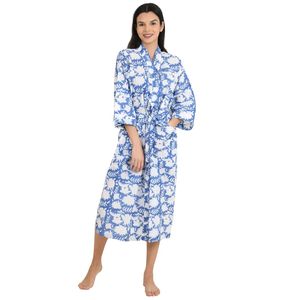 Boho-Kimono Style Lightweight Cotton Housecoat with Hand-Drawn Indian Floral Print 1-Piece - Product Image 1