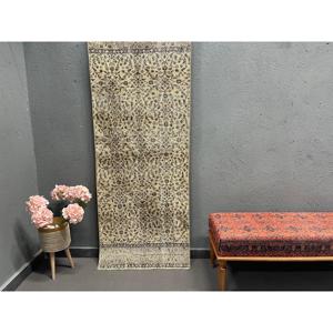 2.6x6.4 ft Vintage Accent Rug, <b>Brown</b> Beige Turkish Polka dot <b>Wool</b> Rug - Product Image 1