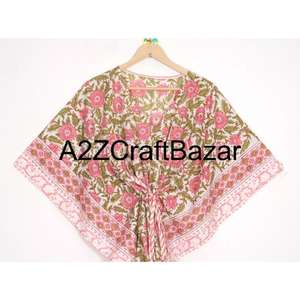 Pure Cotton Handmade Short <b>Kaftan</b> <b>Dress</b> For Women Bohemian Floral Print Beach Cover Up Summer Wear Relaxed Fit Comfort Style - Product Image 3