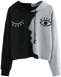 Sudadera con capucha estampada en color contrastante para mujer con mangas largas y cara de Jersey Sudadera corta de otoño e invierno y capucha corta - Product Image 1