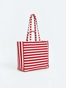 Sac fourre-tout de plage en toile rayée rouge pour femme, grande capacité, sac à bandoulière pour les vacances et le shopping, personnalisable avec logo, OEM, ODM, marque privée - Product Image 1