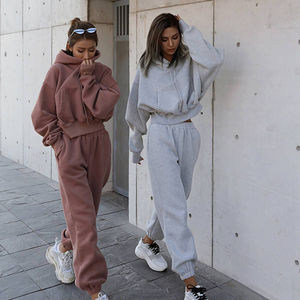 Manufacturer Custom Women's Fleece <b>2</b>-<b>Piece</b> Outfits Hooded Crop Pullover Sweatshirt Joggers <b>Pants</b> Knitted Tracksuit Sweatsuit <b>Set</b> - Product Image 1
