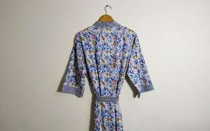 Femmes bleu coton imprimé Animal col en v pleine longueur doux décontracté été Robe de chambre automne printemps demoiselles d'honneur Kimono Robe - Product Image 5