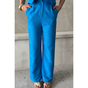 Conjunto de chaleco y pantalón de lino azul para mujer con un solo botón - Product Image 5
