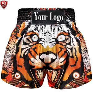 Shorts de combat MMA pour hommes à imprimé tigre, taille mi-haute, cordon de serrage, séchage rapide, toile polyester/coton, style décontracté chic, logo personnalisé sur le devant - Product Image 1