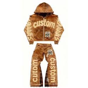 Custom Hooded Tracksuit Set Brown <b>Red</b> <b>Glitter</b> Print Streetwear Full Length Unisex Adults Winter Wear - Product Image 2