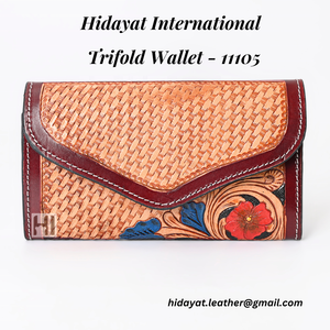 Custom Handmade Vintage Cowhide Leather Trifold <b>Wallet</b> <b>RFID</b> Floral Tassel Long Clutch for Women - Product Image 6