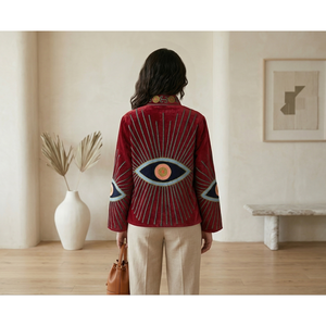 Red Embroidered Eye Pattern Eco-Friendly Velvet Shell Women's Butterfly Collar Full Sleeve Knitted Breathable <b>Vintage</b> <b>Jacket</b> - Product Image 4