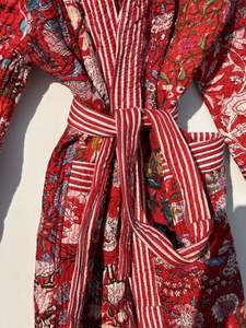 Hot Selling Indian Handmade Kantha Quilted Cotton Patchwork Long Winter Jacket for Women Autumn Season Robe <b>Belt</b> Finished - Product Image 6