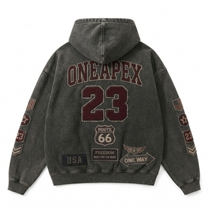 Sweat-shirt à capuche zippé gris foncé délavé, style streetwear oversize, en molleton graphique, veste décontractée unisexe tendance - Product Image 4
