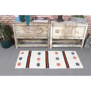 Tapis turc vintage en laine 1,8x4,2 pieds, petit tapis blanc patchwork, tapis Kilim bordé de latex - Product Image 2