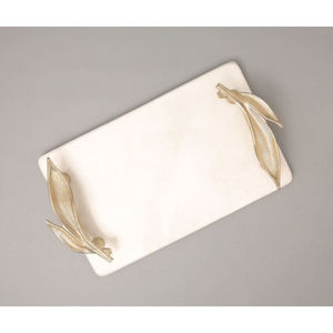 Plateau de service vintage en marbre blanc avec poignées élégantes en laiton doré étoile de mer, plateau décoratif moderne pour décoration de cuisine de mariage - Product Image 2