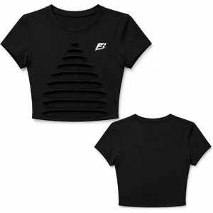 Camiseta corta de manga corta para mujer, con corte desgastado, cuello redondo, ajustada, elástica, informal, a la moda, con logo personalizado. - Product Image 4