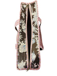100% Cotton Brown Floral Handblock Printed Cotton Quilted Shoulder <b>Tote</b> Bag with Zipper - Product Image 4