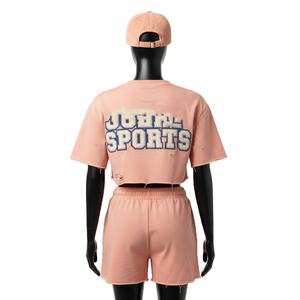 Conjunto corto de top corto para mujer, de algodón de alta calidad, felpa francesa, suave, color melocotón, con estampado vintage y logo. Conjuntos para mujer. - Product Image 2