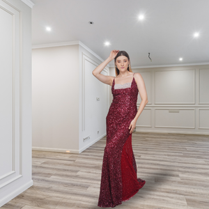strapless open back dress Sequin-Velvet Dark Red Long Prom Dress with V-Neck main image 0