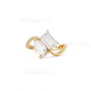 Bague de fiançailles Toi et Moi en or 10K/14K/18K de luxe SPARKS VISTA, moissanite taille émeraude et poire, certifiée GIA, bague de mariage - Product Image 6
