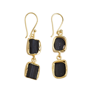 Boucles d'oreilles pendantes en tourmaline noire semi-précieuse plaquée or à double pierre pour la vente en gros, la distribution et l'approvisionnement - Product Image 2