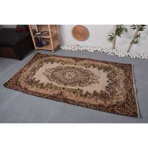 3.8x6.7 ft Vintage Rug, <b>Brown</b> Check Turkish Rug <b>Wool</b> - Product Image 3