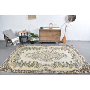 Alfombra turca Vintage marrón Beige clásica de 5,7x8,8 pies, respaldo de látex de lana hecho a mano, patrón de retazos, Tabriz rectangular para cabecera - Product Image 1