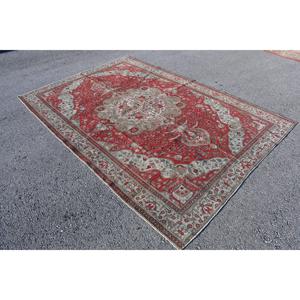 Turkish Vintage Large Rug 6.2x9 ft, <b>Red</b> <b>Wool</b> Rug - Product Image 2