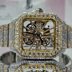Skeleton Gold Tone Hip Hop Luxury Full Iced Out Moissanite Diamond Watch Huge Dial Fancy Unisex Wristwatch