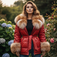 Veste d'hiver en cuir véritable pour femme, style streetwear, avec col en fourrure de renard, motif à carreaux, fermeture éclair, Lederjacken Damen