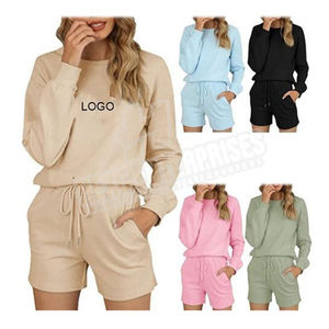 ชุดวอร์มมีฮู้ดสำหรับผู้หญิงเสื้อสเวตเชิ้ตคอกลมพร้อมกางเกงขาสั้นผ้าฟลีซลำลองสำหรับใส่เล่นกีฬา - Product Image 6