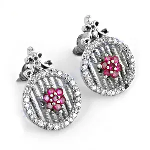 Pendientes de Plata 925 de Lujo para Mujer con Rubíes, Diseño Floral, Engaste Circular, Joyería para Boda - Product Image 3