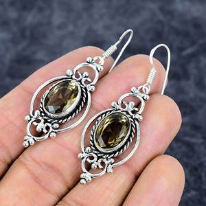 Pendientes de cuarzo ahumado de Plata de Ley 925 hechos a mano, piedra preciosa de forma ovalada de gota larga chapada en plata para bodas y fiestas - Product Image 3