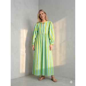 Brilliant Yellowish-Green <b>Boho</b> Maxi <b>Dress</b> Elegant Empire Waistline Customizable Breathable <b>Summer</b> Floor-Length for Leisure - Product Image 1