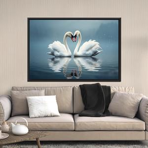 Decoración en lienzo de cisnes enamorados - Arte animal impreso para un hogar elegante, 1P: Marco negro - Product Image 1