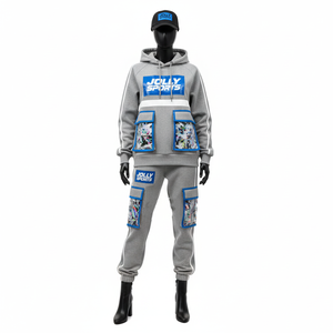 Conjunto Deportivo de Felpa Premium para Mujer, 320 GSM, Algodón y Poliéster, Gris con Paneles Azules, Sudadera con Capucha y Pantalones Jogger, Logotipo Personalizado, Tallas Grandes - Product Image 1