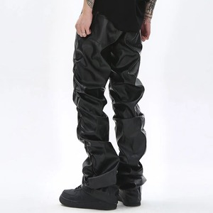 Hip Hop hommes plissé en cuir Pu pantalon Harajuku rétro Streetwear ample froncé pantalon décontracté droit couleur unie noir pantalon - Product Image 4