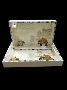 Ensemble de plateau à thé en bois de super qualité-Grands petits plateaux de service Organisateur de cuisine imprimé rectangulaire Service décoratif fait à la main - Product Image 4